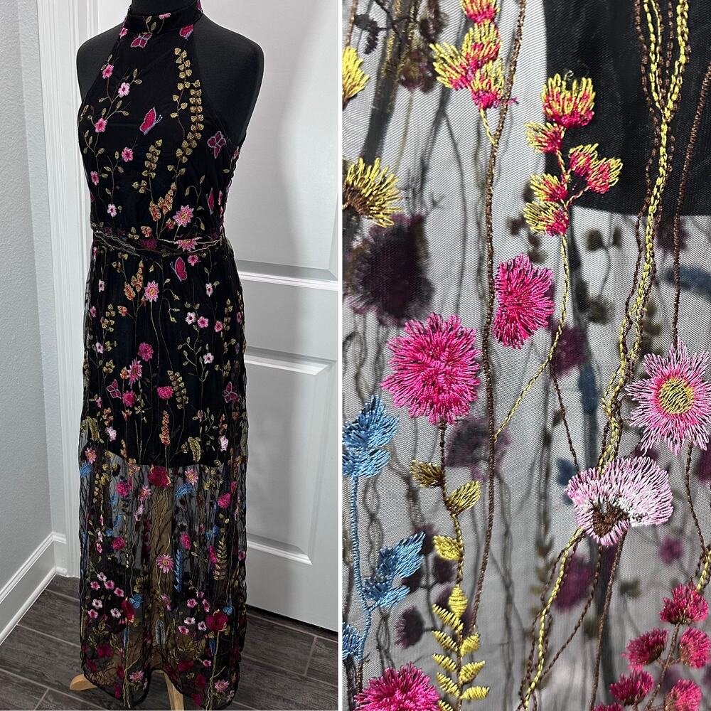 BETSEY JOHNSON FLOWER EMBROIDERED SHEER MESH SLEEVELESS MAXI SHEATH DRESS SIZE 6